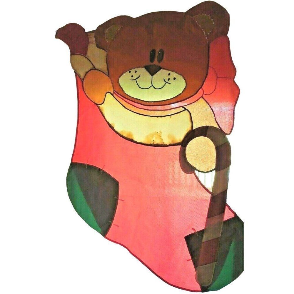 Vintage 90s Christmas Outdoor Nylon Flag 40" Stocking Teddy Bear Festive Holiday